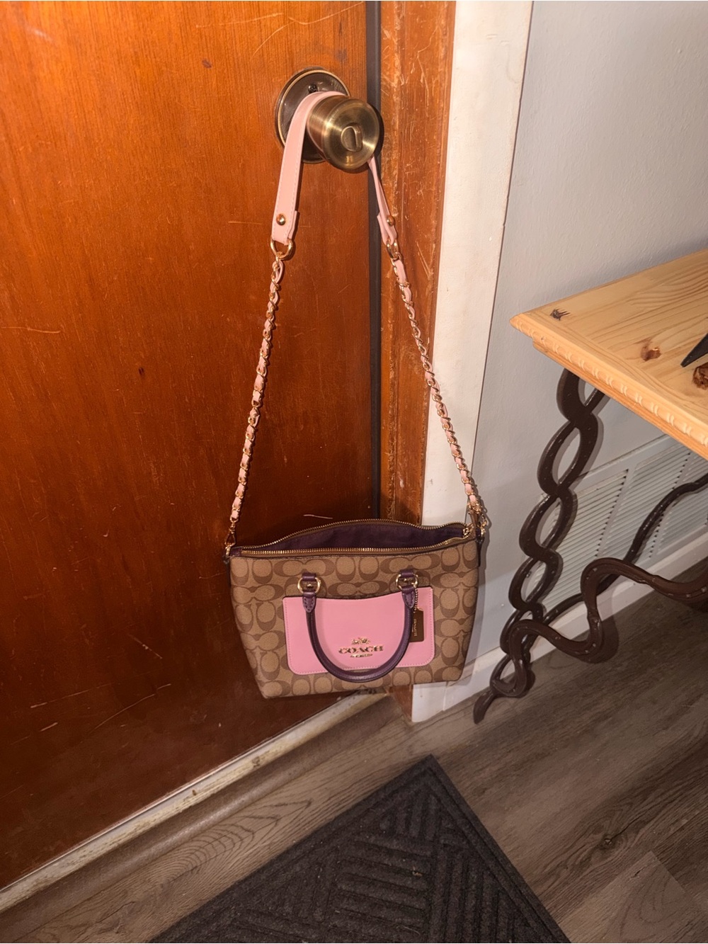 Coach Brown Signature Canvas Tote with Pink Front Pocket and Purple Trim - Picture 4 of 6